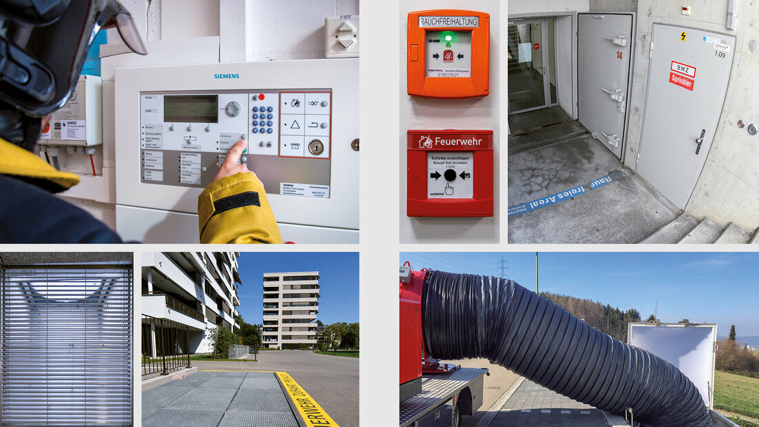 Photos of the infrastructure of an underground car park supporting the fire service in action