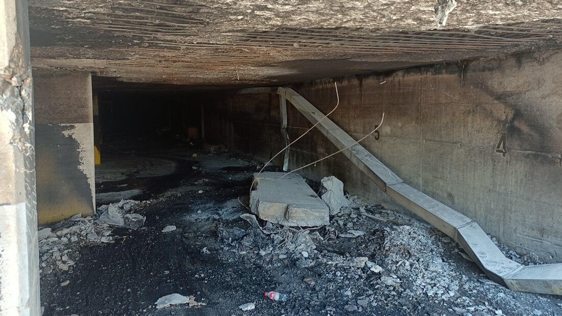 Tiefgarage Nussbaumen Foto des Schadensbildes in der Tiefgarage nach der Explosion