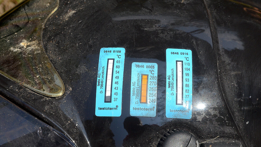 Détermination de l’exposition à la chaleur lors d’un incendie dans un tunnel. Casque de pompier avec autocollants pour déterminer les températures et donc la charge thermique lors d'un incendie dans un tunnel