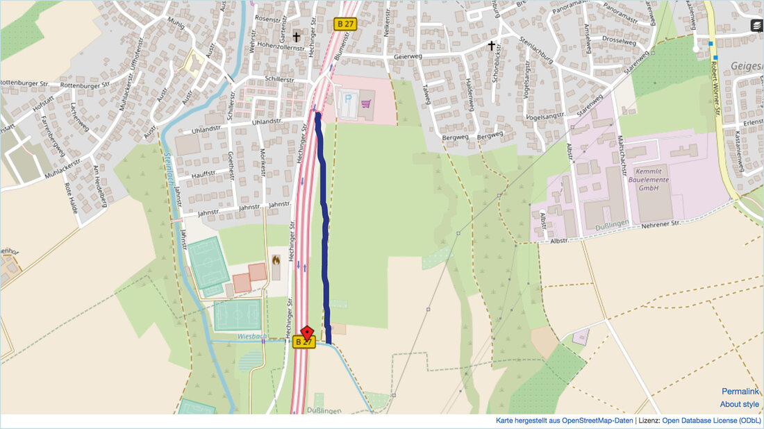 Karte Dußlingen mit eingezeichnetem Wasserablauf beim Hochwasser nach Starkregen. © OpenStreetMap, Open Database Lizense (ODbL) Karte Dußlingen mit eingezeichnetem Wasserablauf beim Hochwasser nach Starkregen