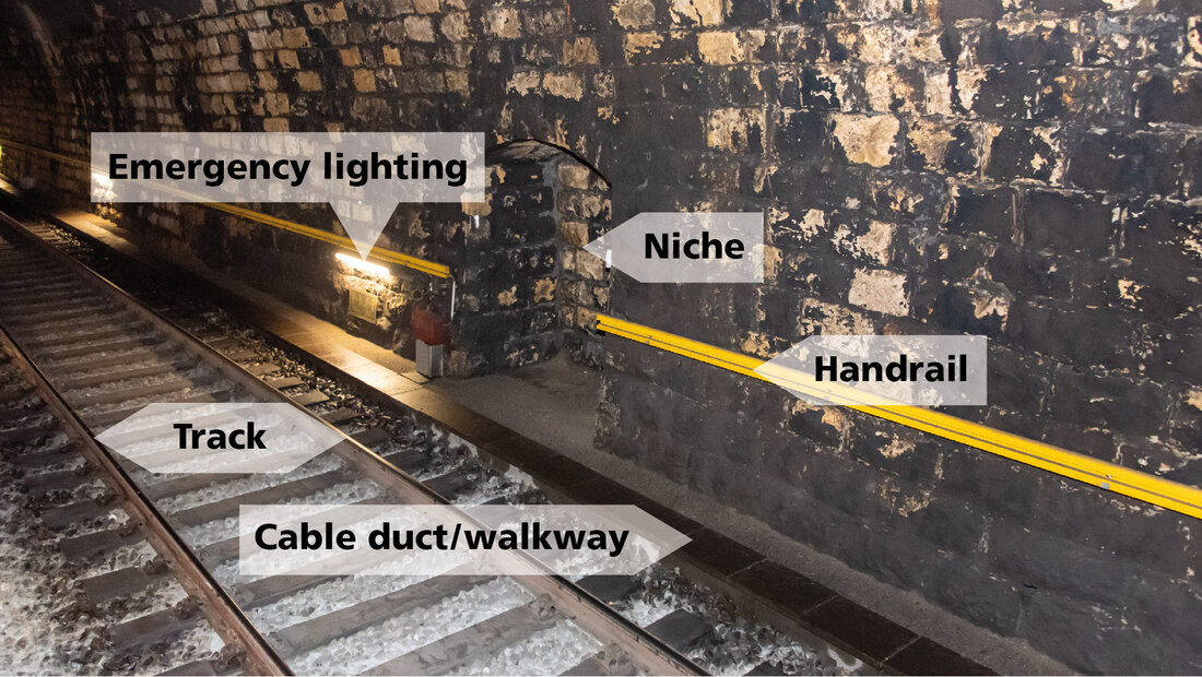 Interior view of a tunnel with labelling of fire service relevant details