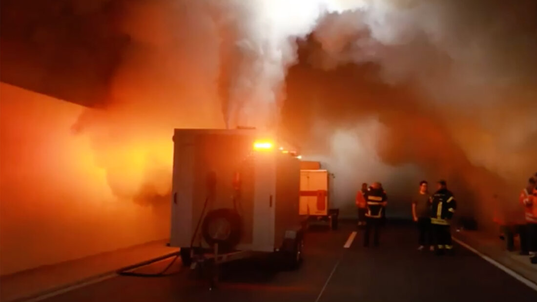 Smoke generator in operation during a drill in the tunnel