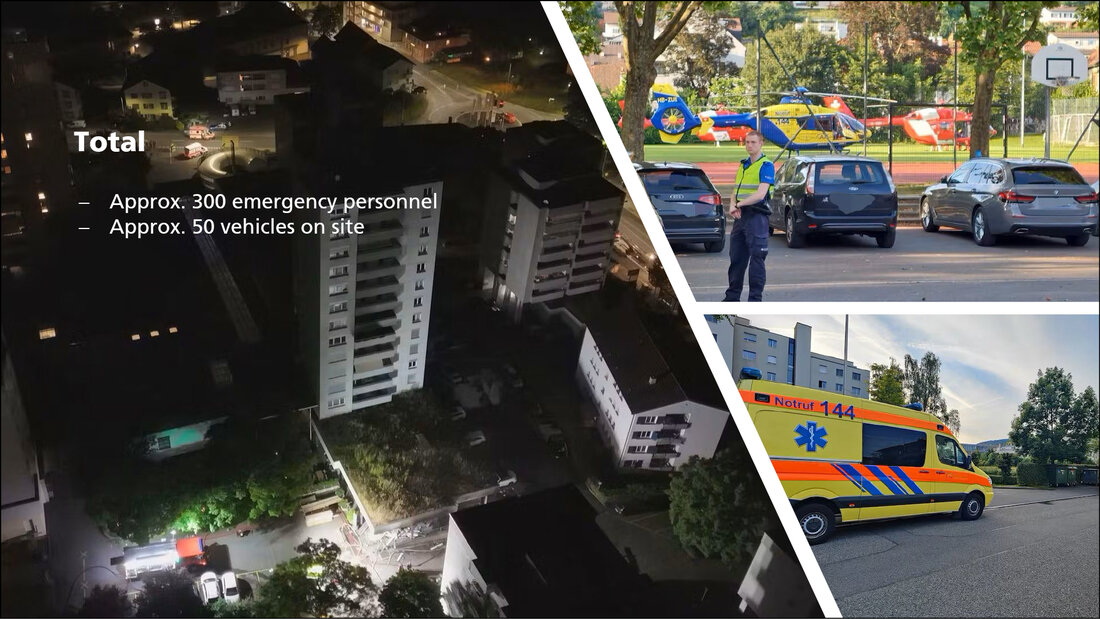 Forces in Nussbaumen Emergency personnel and vehicles in Nussbaumen