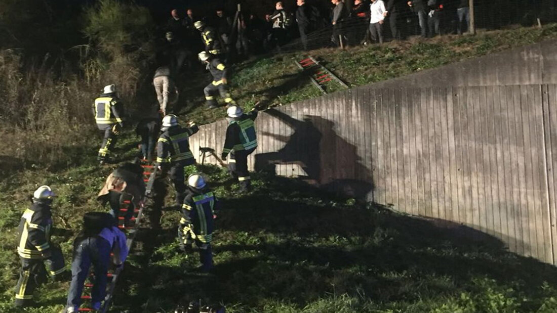 Feuerwehrangehörige unterstützen Reisende bei der Evakuierung über eine Böschung.