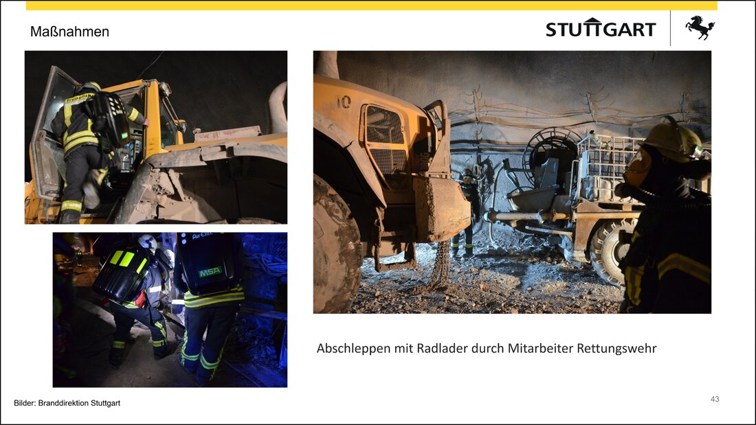 S21 Tunnelbrand Abschleppen Bildfolge: Abschleppen der Baumaschine mit einem Radlader