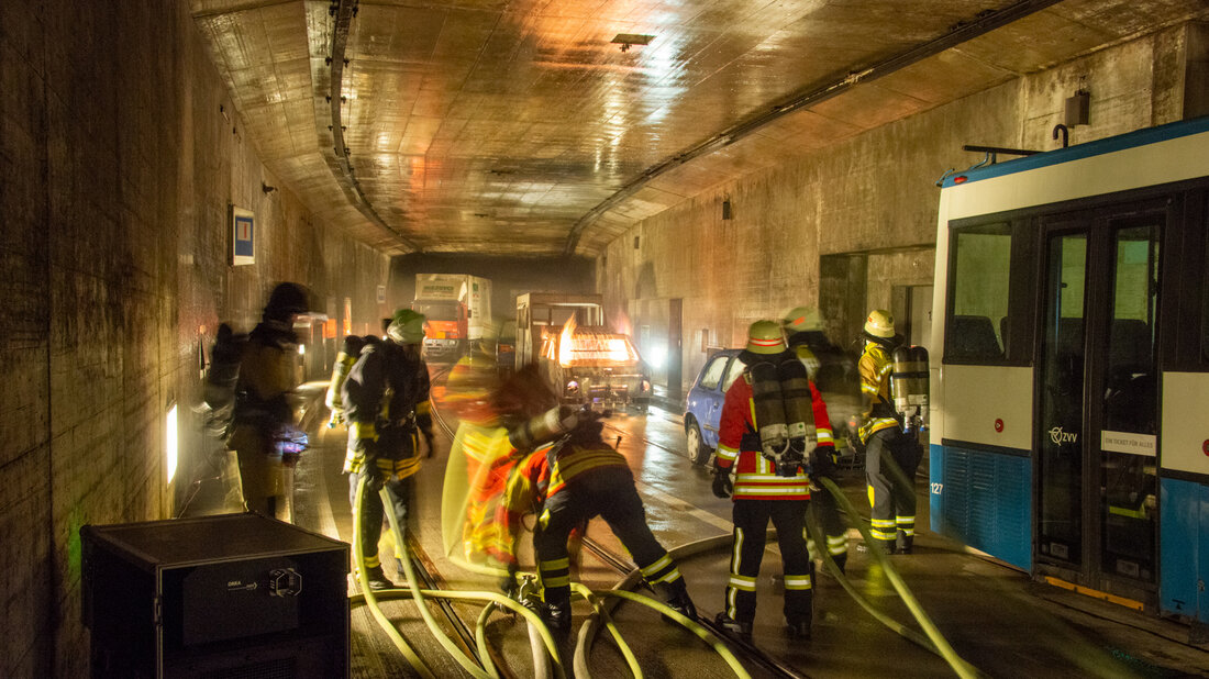 Scene from the fire service training in the road training tunnel