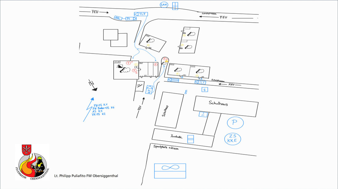 Incident Nussbaumen Situation sketch of Nussbaumen with marked fire locations and the spread of smoke